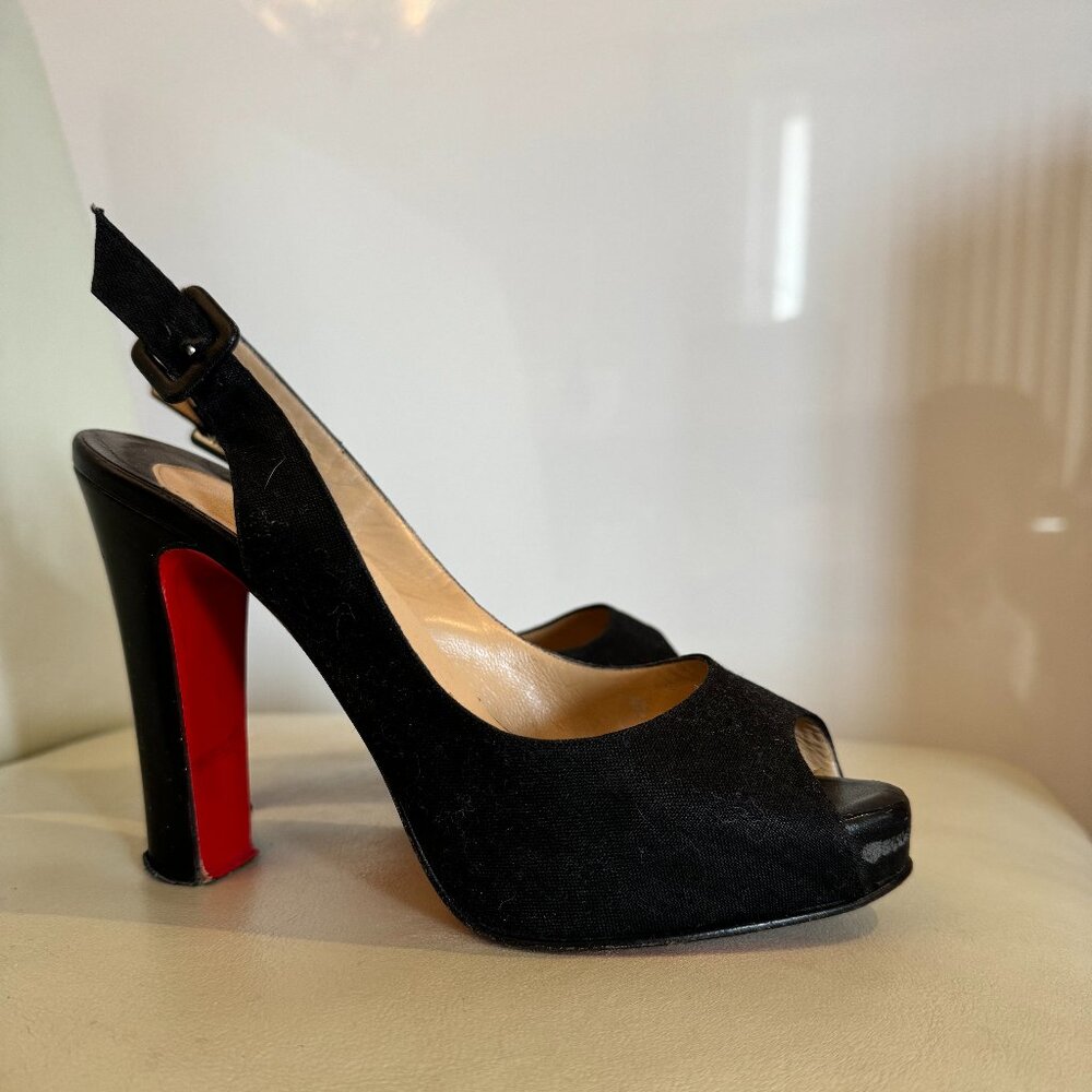 Christian Louboutin, Black Canvas Slingback Sandals Peep-toe Pumps, size 37